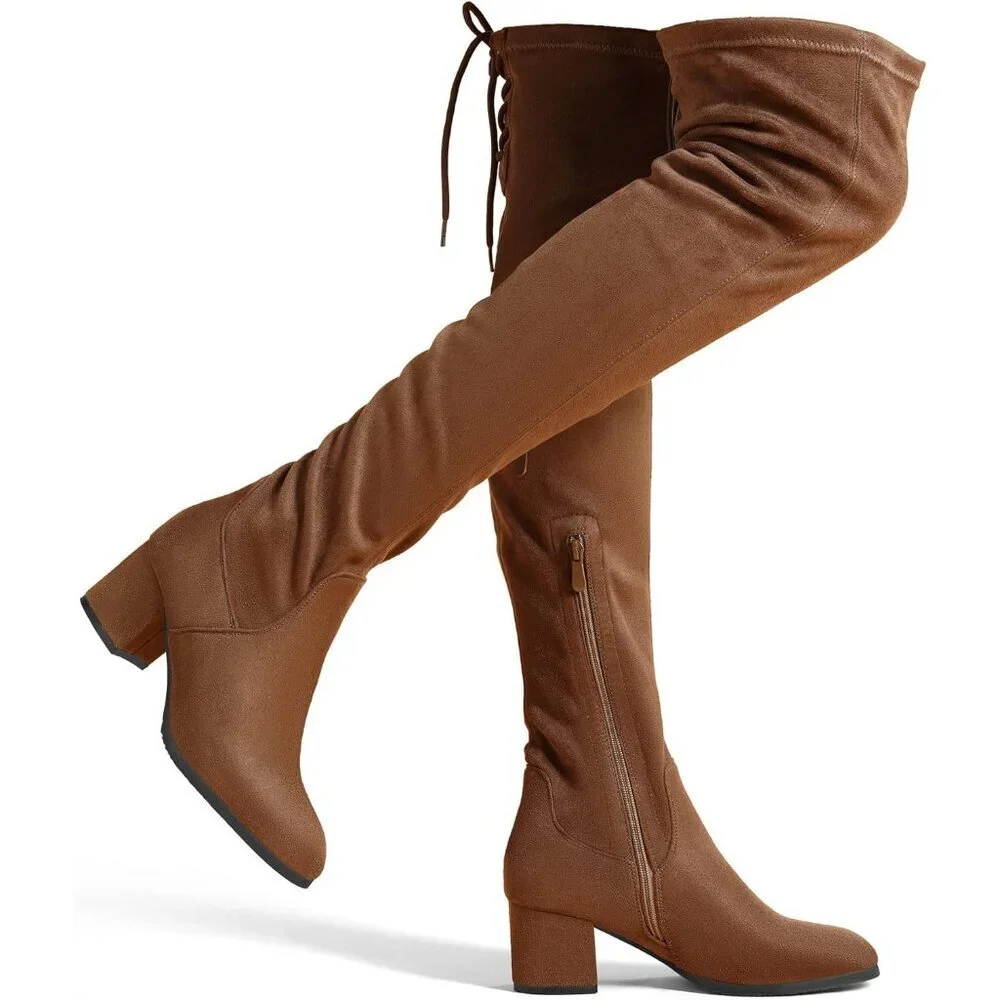 Women's Brown/Suede Faux Leather Over The Knee Thigh High Chunky Heel Long Boots